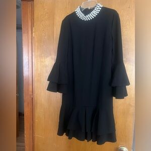 Black pearls on the neck 3/4 Bell Sleeve Dress Ruffle Hem Stretch In Medium